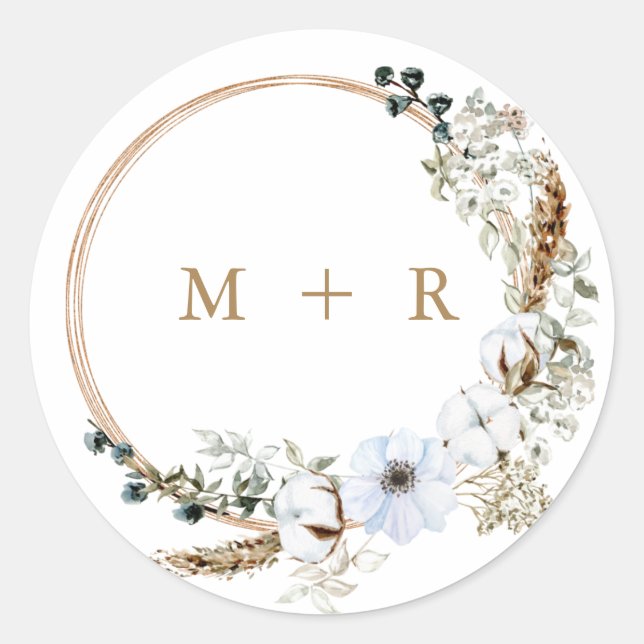 Pampas Grass Wedding Boho Terracotta Monogram  Classic Round Sticker (Front)