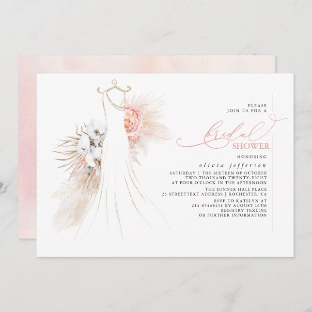 Pampas Grass Wedding Gown Pink Bridal Shower Invitation (Front/Back)