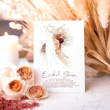 Pampas Grass Wedding Gown Terracotta Bridal Shower Invitation by lovelywow at Zazzle