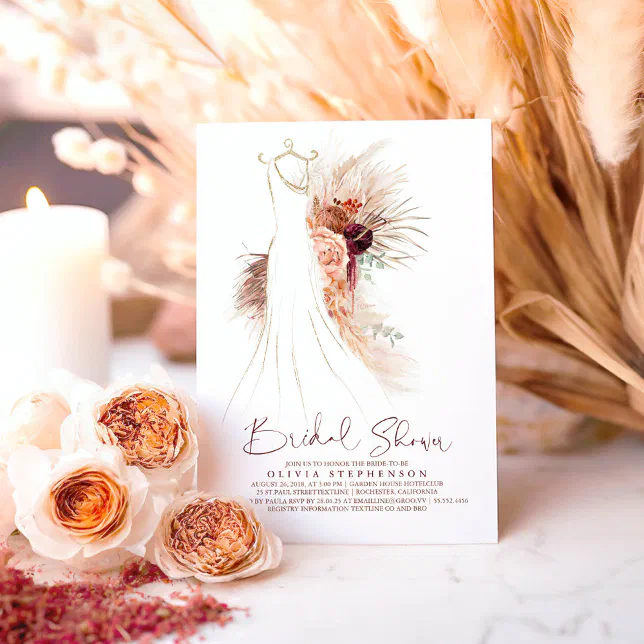 Pampas Grass Wedding Gown Terracotta Bridal Shower Invitation | Zazzle Pampas Grass Wedding Gown Terracotta Bridal Shower Invitation | Zazzle