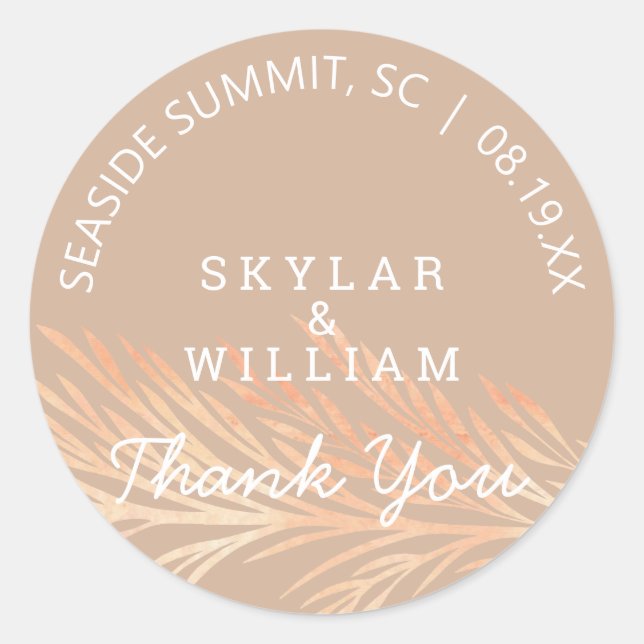 Pampas Grass Wedding Neutral Toasted Almond Classic Round Sticker (Front)