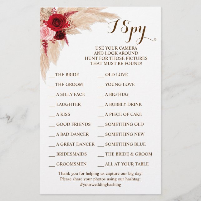 Pampas Grass Wedding Reception I Spy Game Card Flyer (Front)