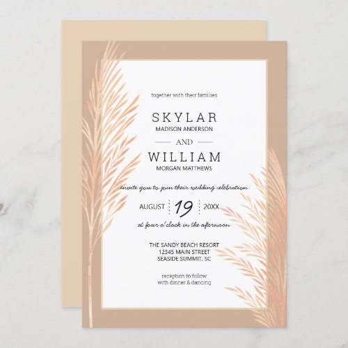 Pampas Grass Wedding Watercolor Chic Neutral Invitation