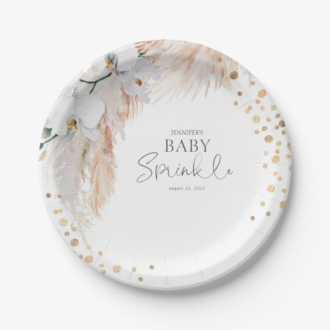 Pampas Grass White Floral Baby Sprinkle  Paper Plates (Front)