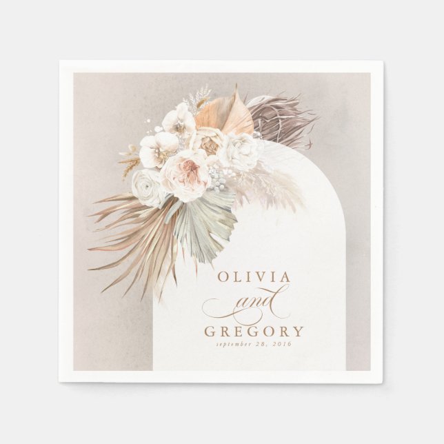 Pampas Grass White Floral Boho Wedding Napkins (Front)