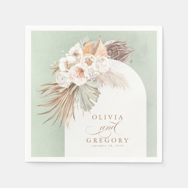 Pampas Grass White Floral Boho Wedding Napkins (Front)