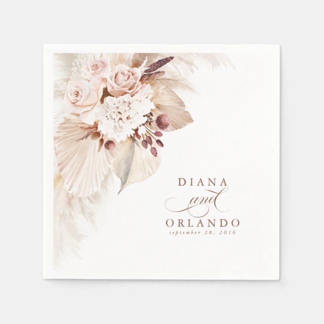 Pampas Grass White Floral Boho Wedding Napkins (Front)