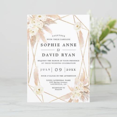 Pampas Grass White Floral Gold All In One Wedding Invitation