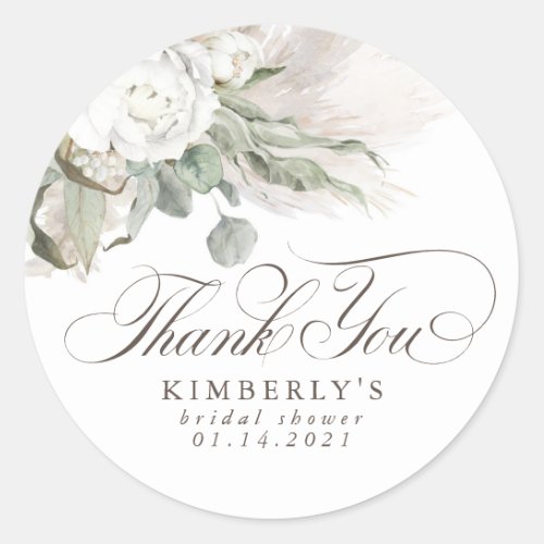 Pampas Grass White Floral Thank You Classic Round Sticker