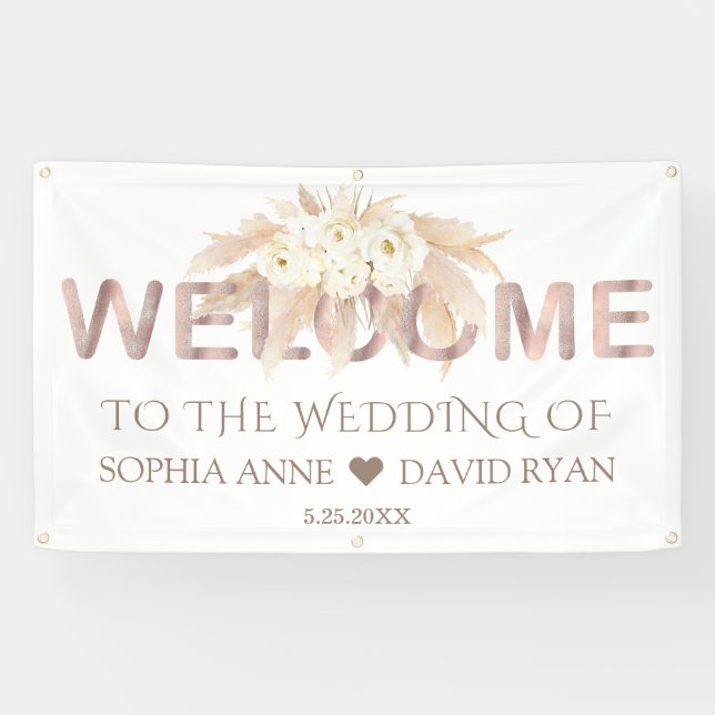 Pampas Grass White Flowers Wedding Welcome Sign (Horizontal)