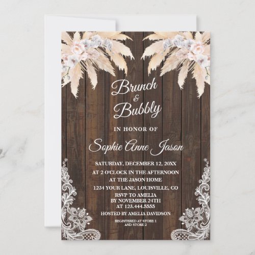 Pampas Grass White Orchid Wood Lace Bridal Shower Invitation