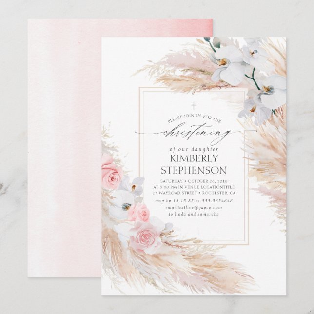 Pampas Grass White Orchids Tropical Christening Invitation (Front/Back)