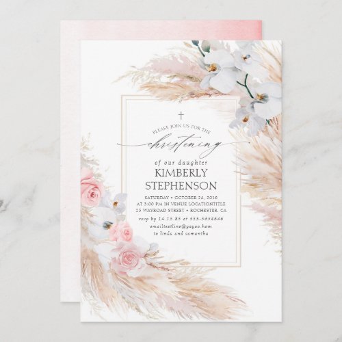Pampas Grass White Orchids Tropical Christening Invitation