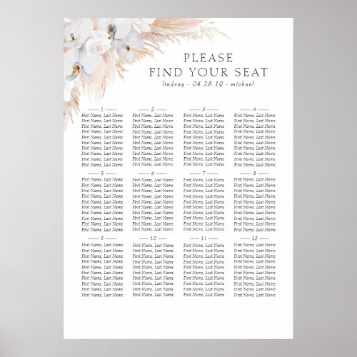 Pampas Grass White Orchids Wedding Seating Chart