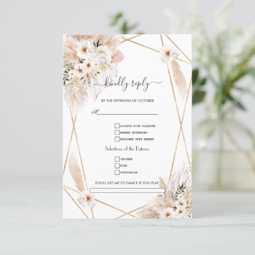 Pampas Grass White Roses Song Request Wedding  RSVP Card