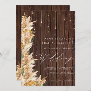 Pampas Grass Wood Twinkle Lights Boho Wedding Invitation