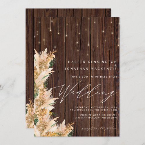 Pampas Grass Wood Twinkle Lights Boho Wedding Invitation