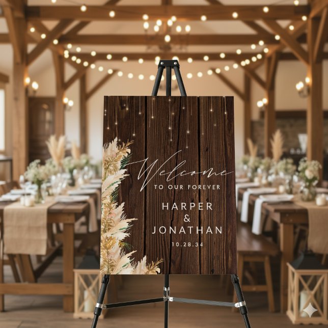 Pampas Grass Wood Twinkle Lights Wedding Welcome Foam Board (Pampas Grass Wood Twinkle Lights Wedding Welcome Foam Board)