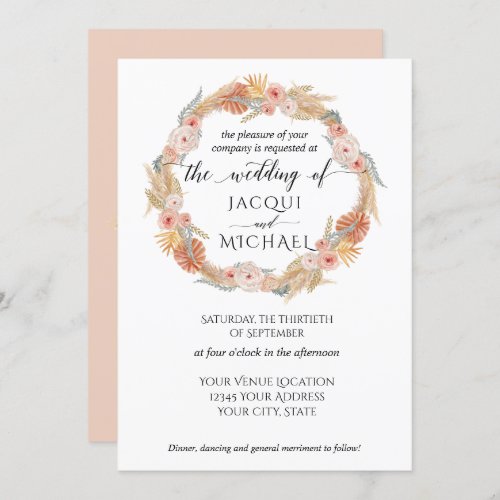 Pampas Grass Wreath Boho Tropical Pink Gold Floral Invitation