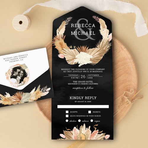 Pampas Grass Wreath Dried Palm Black Wedding All In One Invitation