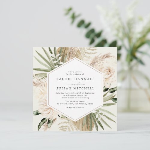 pampas greenery beige watercolor floral wedding invitation