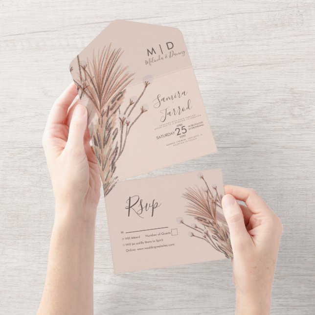 Pampas Hand Drawn Bohemian Earthy Wedding All In One Invitation (Tearaway)