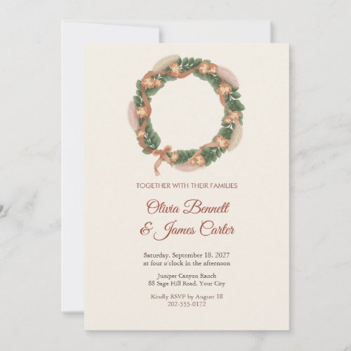 Pampas Lantana Wrapped Wreath Wedding Invitation