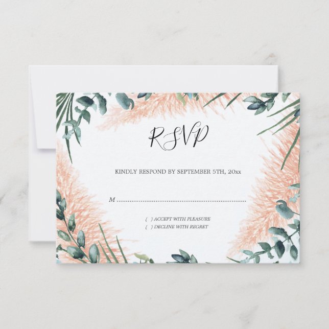Pampas Leaves Foliage Watercolor Wedding RSVP Card (Front)