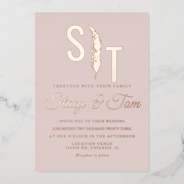 Pampas Logo  Wedding Pressed Blush Foil Invitation (Front)