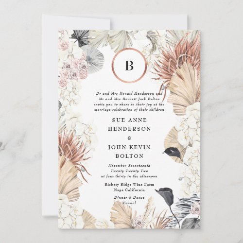 Pampas Modern Frame  Gold Foil Monogram  White Invitation