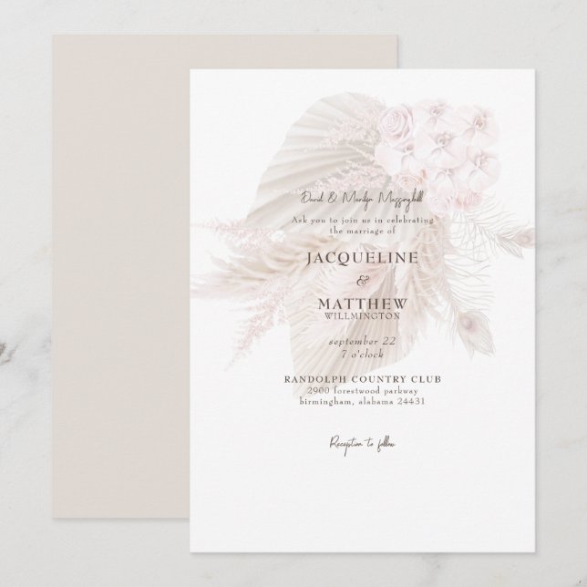 Pampas Muted Pink Floral Bride Parents Wedding Invitation (Front/Back)