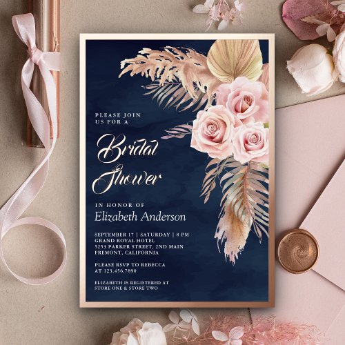 Pampas Navy Dusty Pink Bridal Shower Rose Gold Foil Invitation