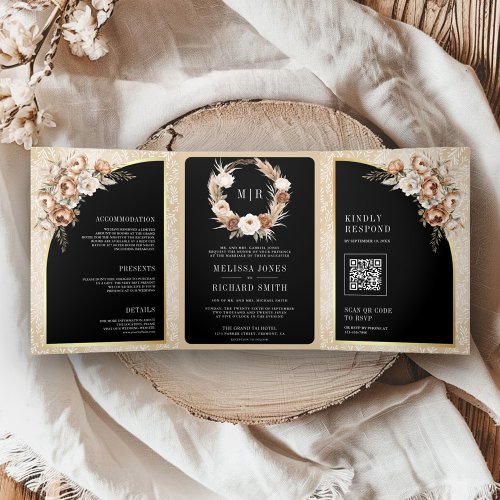 Pampas Neutral Beige Earthy Floral Black Wedding Tri_Fold Invitation