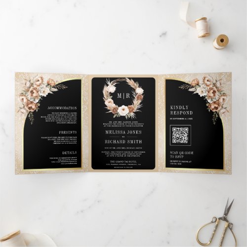 Pampas Neutral Beige Earthy Floral Black Wedding Tri_Fold Invitation