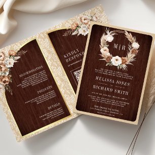 Pampas Neutral Beige Earthy Floral Wood Wedding Invitation