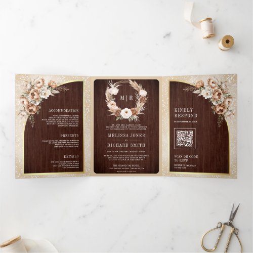 Pampas Neutral Beige Earthy Floral Wood Wedding Tri_Fold Invitation