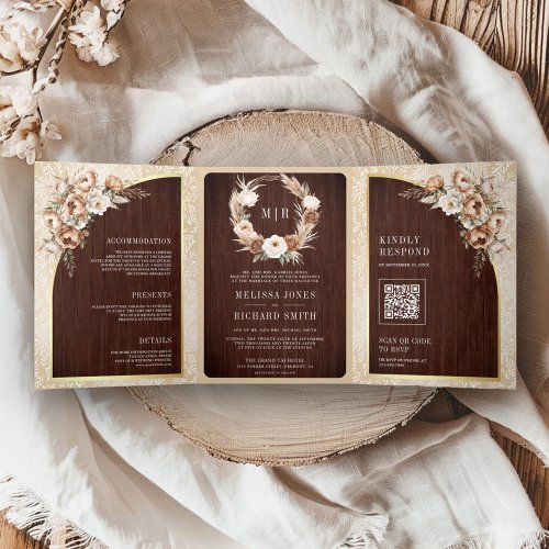 Pampas Neutral Beige Earthy Floral Wood Wedding Tri_Fold Invitation