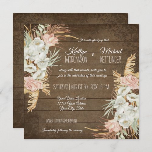 Pampas Palm Foliage Orchid Floral Rustic Wedding Invitation