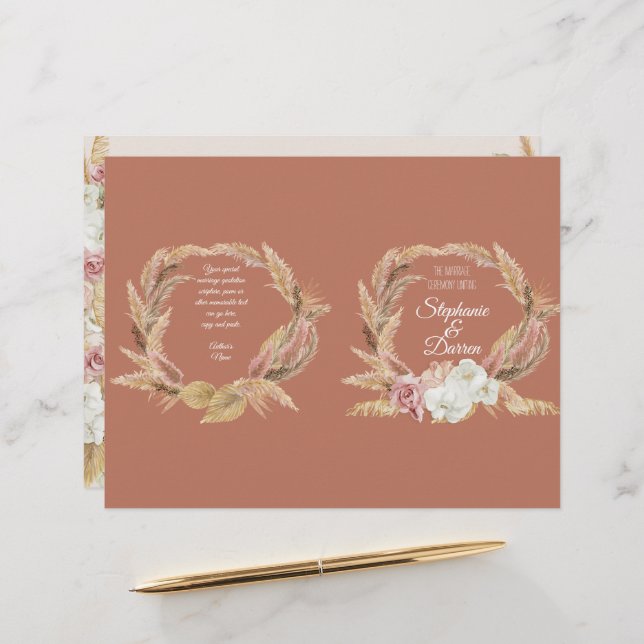Pampas Palm Pink Floral Terrcotta Wedding Program (Front/Back In Situ)