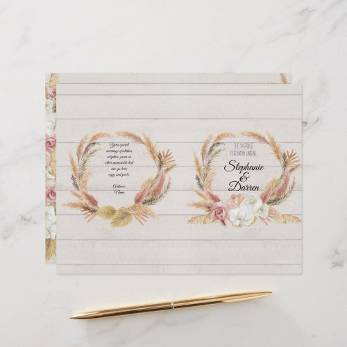 Pampas Palm Pink Floral White Wood Wedding Program