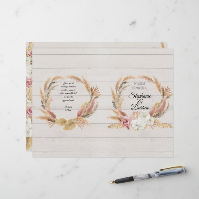 Pampas Palm Pink Floral White Wood Wedding Program (Front/Back In Situ)
