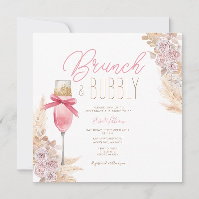 Pampas Pink Bow Brunch & Bubbly Bridal Shower Invitation (Front)