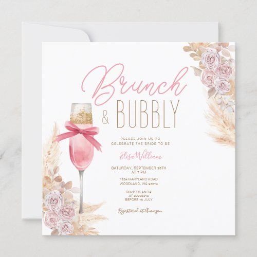 Pampas Pink Bow Brunch  Bubbly Bridal Shower Invitation