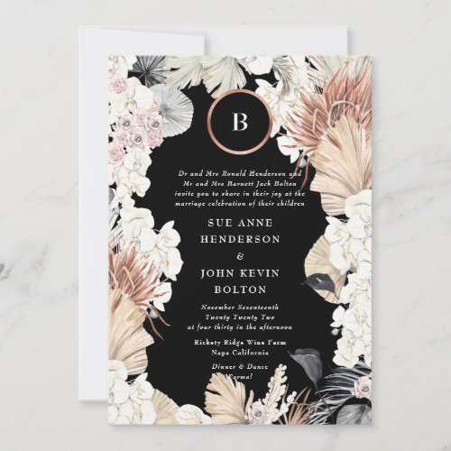 Pampas Premium  Gold Foil Monogram  Black Onyx Invitation