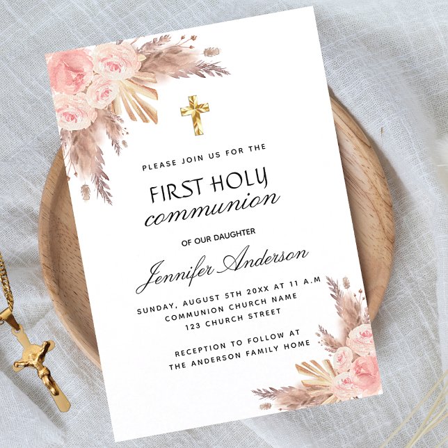 Pampas rose blush first holy communion luxury invitation (Creator Uploaded)