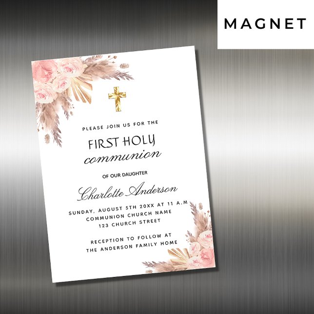 Pampas rose blush first holy communion luxury magnetic invitation (Creator Uploaded)