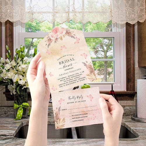 Pampas rose butterfly floral RSVP Bridal Shower All In One Invitation