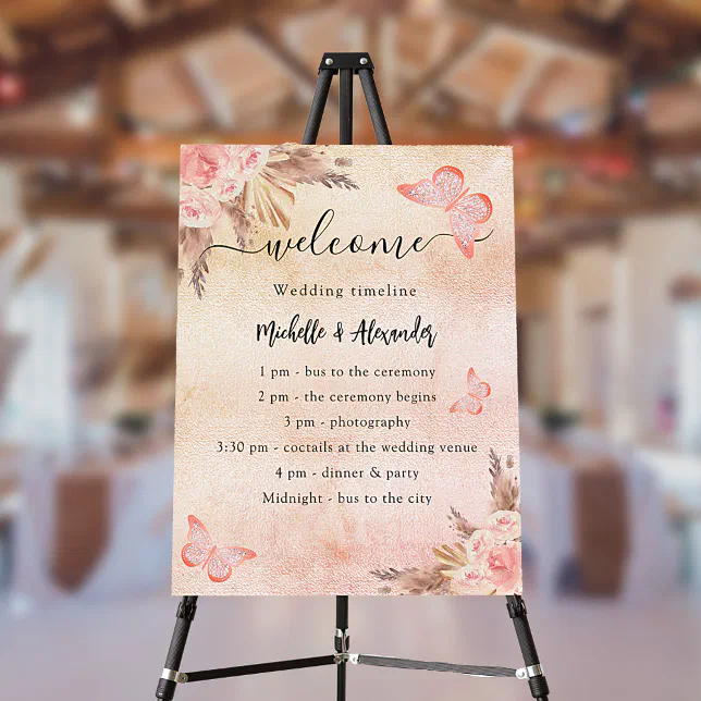 pampas-rose-butterfly-wedding-program-timeline-foam-board-zazzle