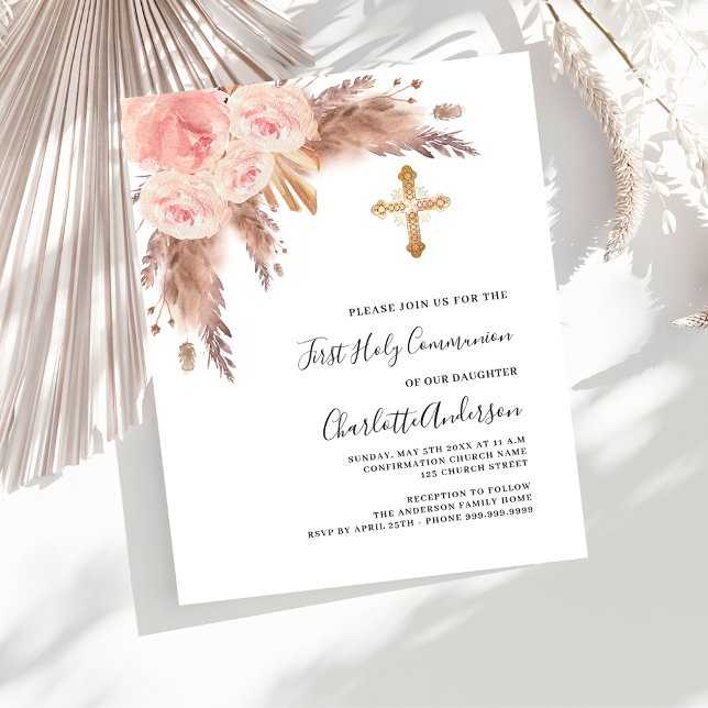 Pampas rose gold budget first communion invitation (Creator Uploaded)