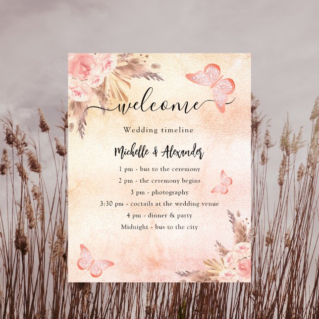 Pampas rose gold butterfly budget wedding program flyer (Creator Uploaded)